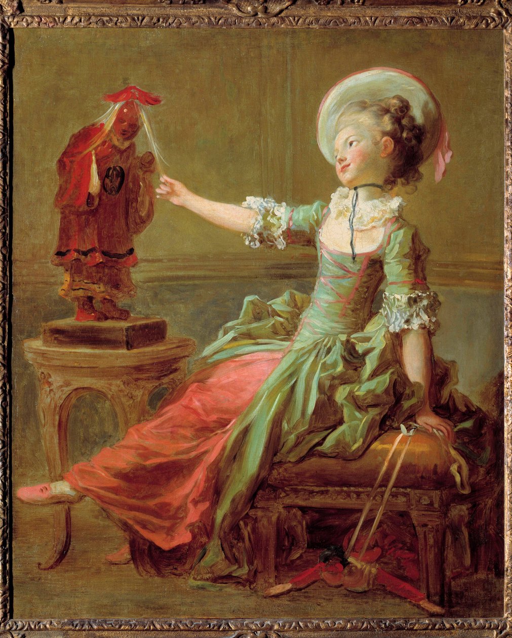 En ung pige har det sjovt med en kinesisk statue, der trækker hendes hår. Maleri af Jean Honore Fragonard (1732-1806) 1700-tallets privatsamling af Jean Honore Fragonard