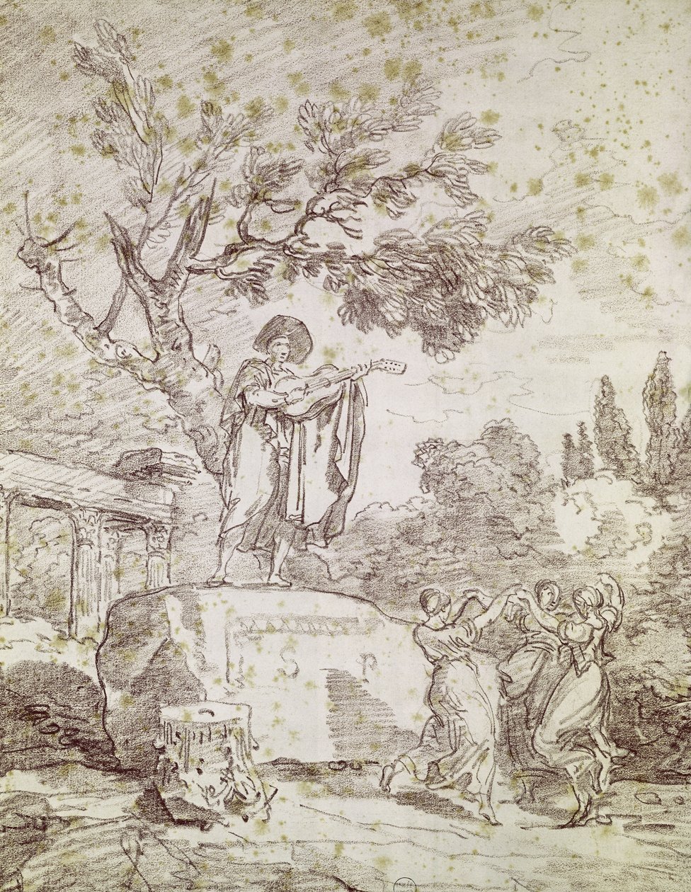 En italiensk guitarist, der spiller for tre dansende piger (rødt kridt på papir) af Jean Honore Fragonard