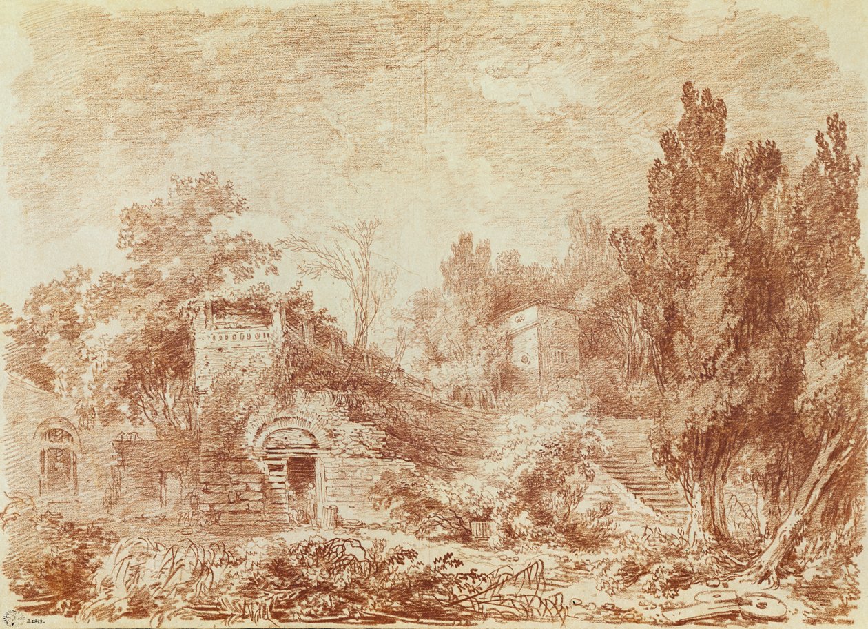 Ancient Theatre, Hadrians Villa, nær Tivoli (rødt kridt på papir) af Jean Honore Fragonard