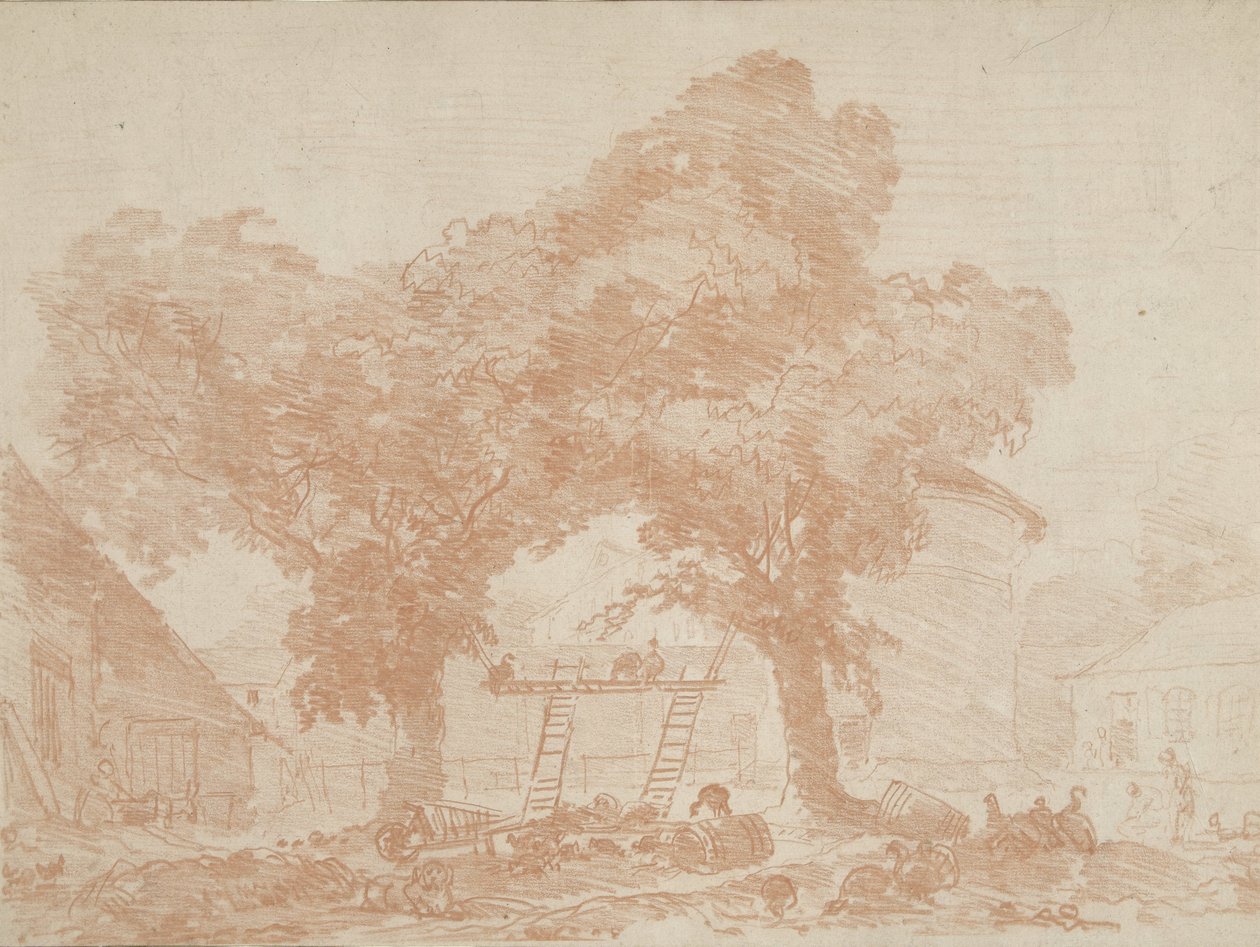 Gårdgård med to træer, med stiger imellem af Jean Honore Fragonard