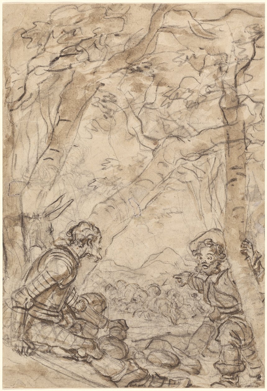 Don Quixote og Sancho Panza er vidner til angrebet på Rocinante af Jean Honore Fragonard