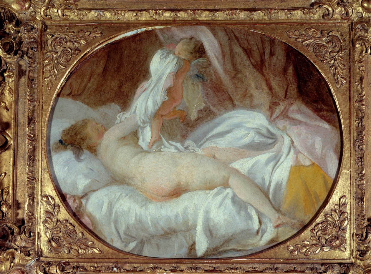 Erotik: "" Skjorten fjernet""" En ung kvinde tager sin skjorte af ved hjælp af en kærlighed. Maleri af Jean-Honore Fragonard (1732-1806) Før 1778 søn. 0,35x0,42 m. af Jean Honore Fragonard