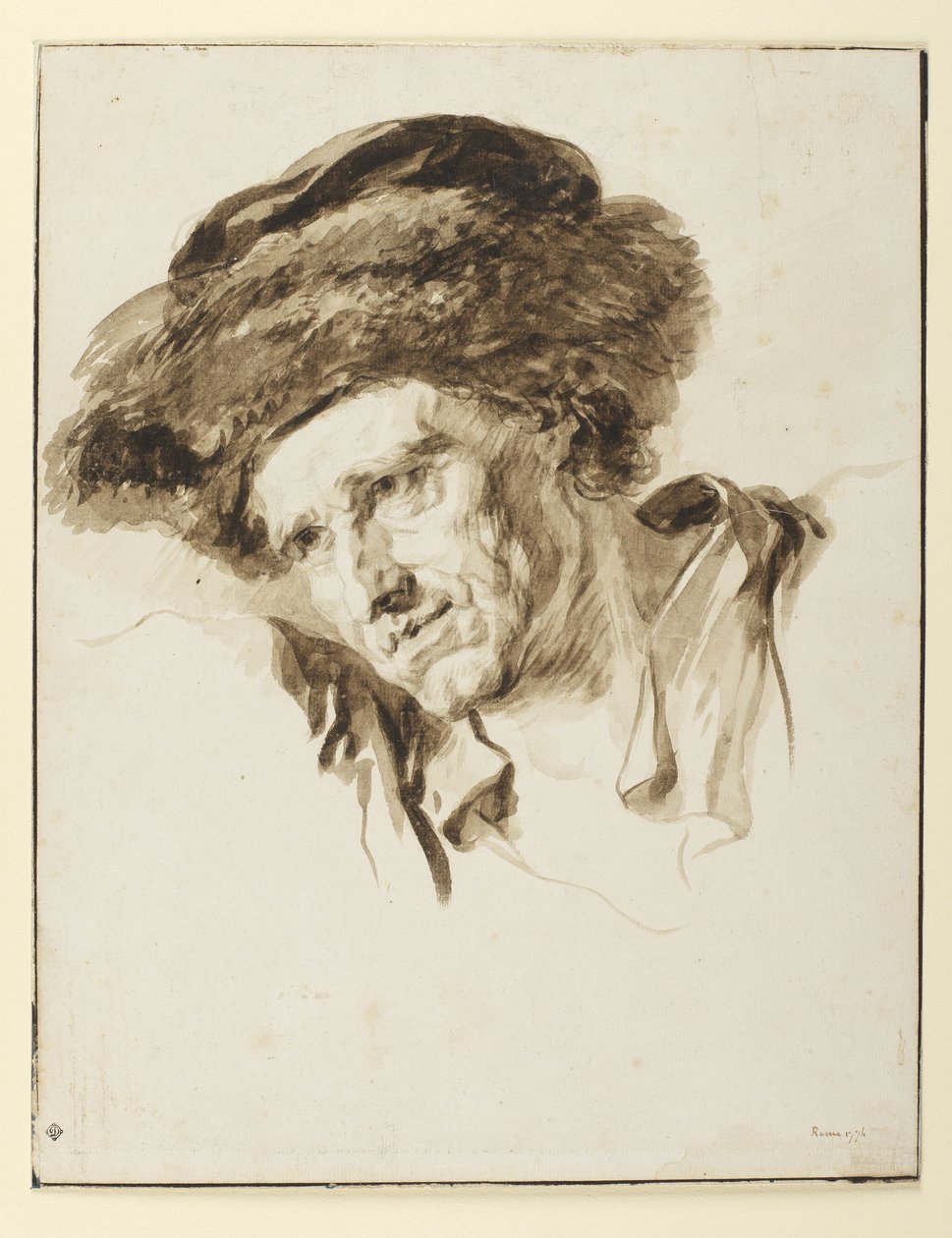 Hoved af en mand iført pelshue, 1774 (pen & blæk, vask og grafit på papir) af Jean Honore Fragonard