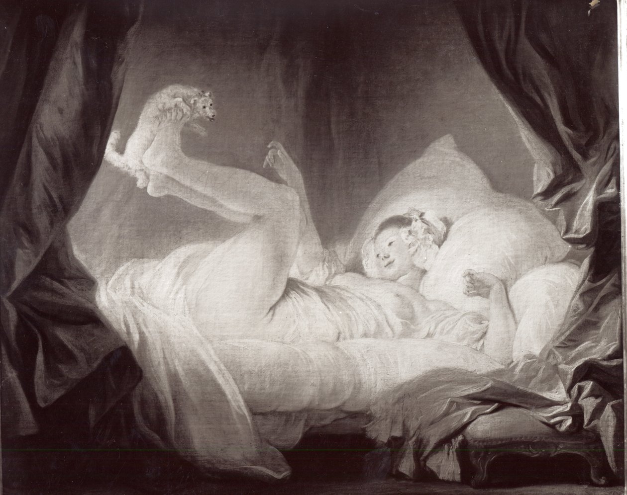 La Gimblette eller ung pige, der får sin hund til at danse på sin seng (olie på lærred) (s/h foto) af Jean Honore Fragonard