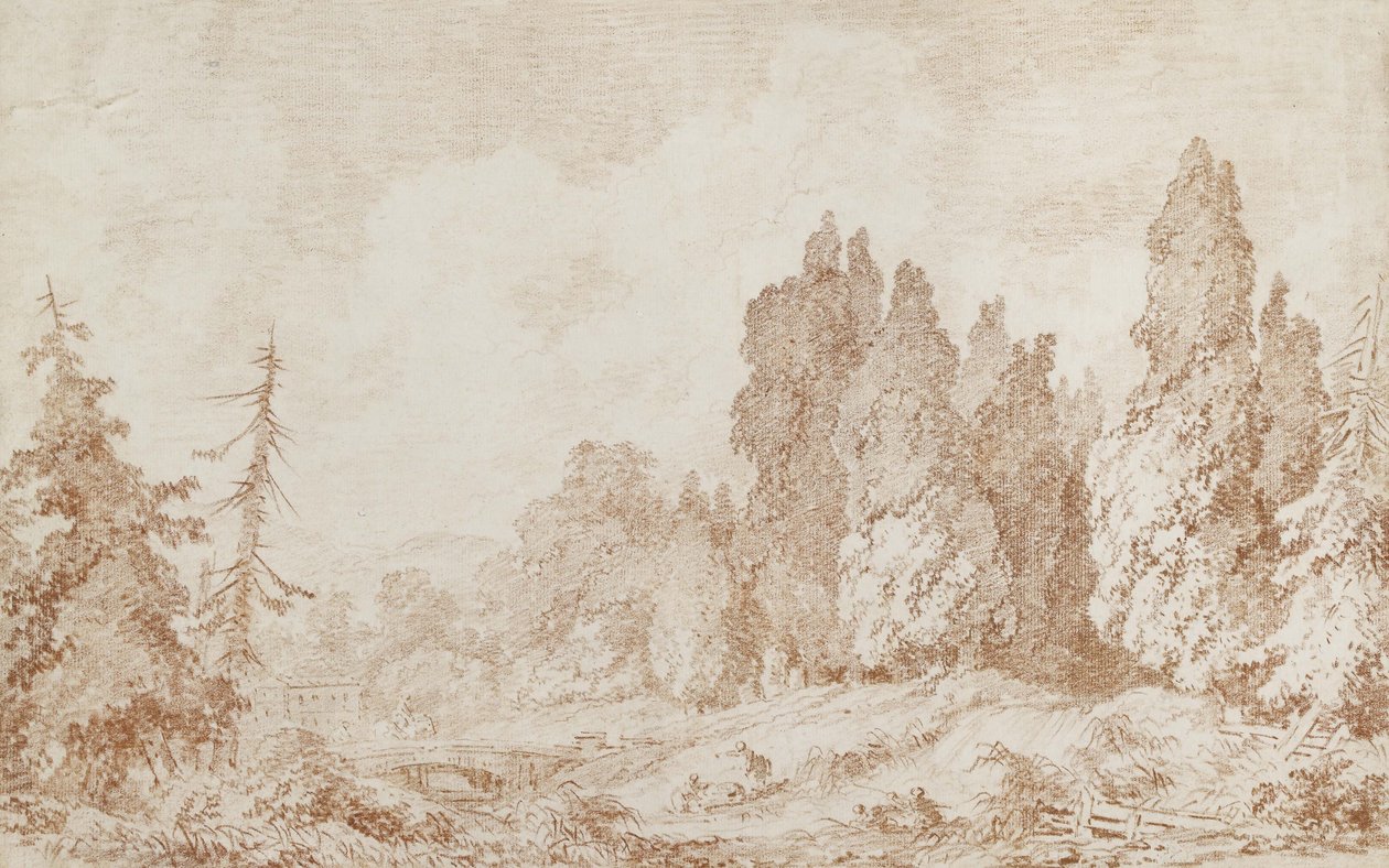 Landskab med bro, ca. 1760 (Rødkridt på råhvidt papir) af Jean Honore Fragonard