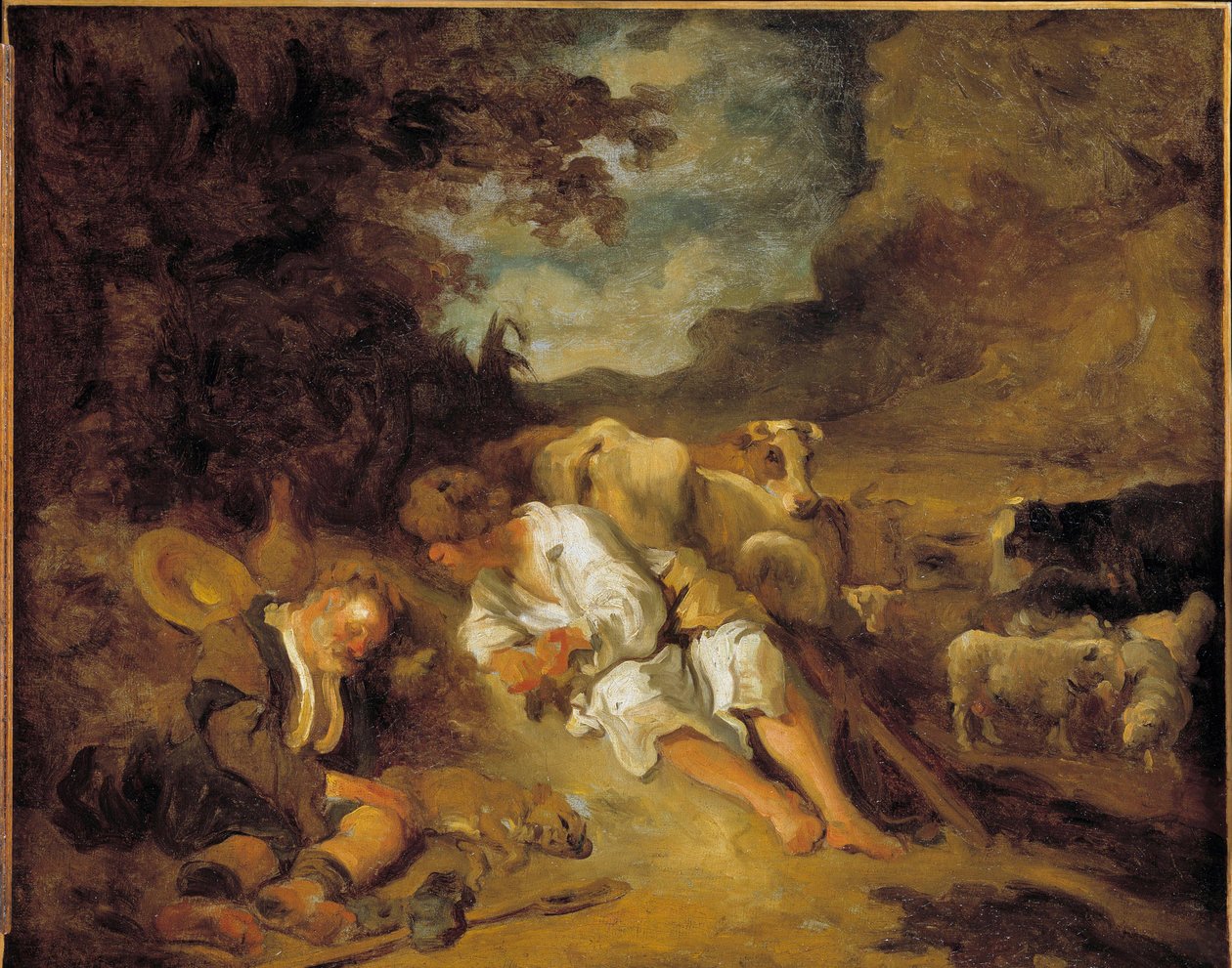 Mercury og Argus Charge af Juno for at holde Io forvandlet til en ko, Argus (Argos) faldt i søvn. Forklædt som hyrde prædiker Mercury for at dræbe ham for at befri Jupiters elskede nymfe. Maleri af Jean Honore Fragonard (1732-1806) efter Karel Fabritius (1 af Jean Honore Fragonard