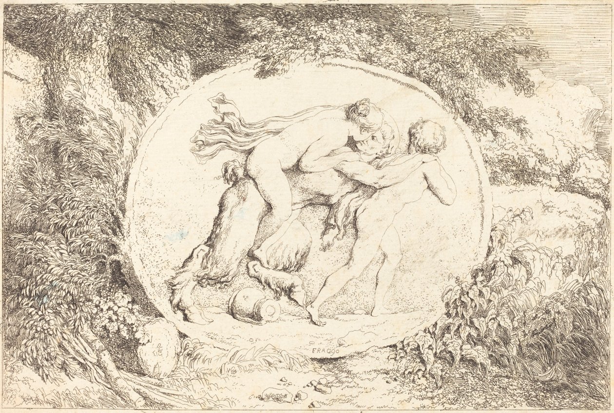 Nymph Astride a Satyr (Ung pige på tværs af en satyr) af Jean Honore Fragonard