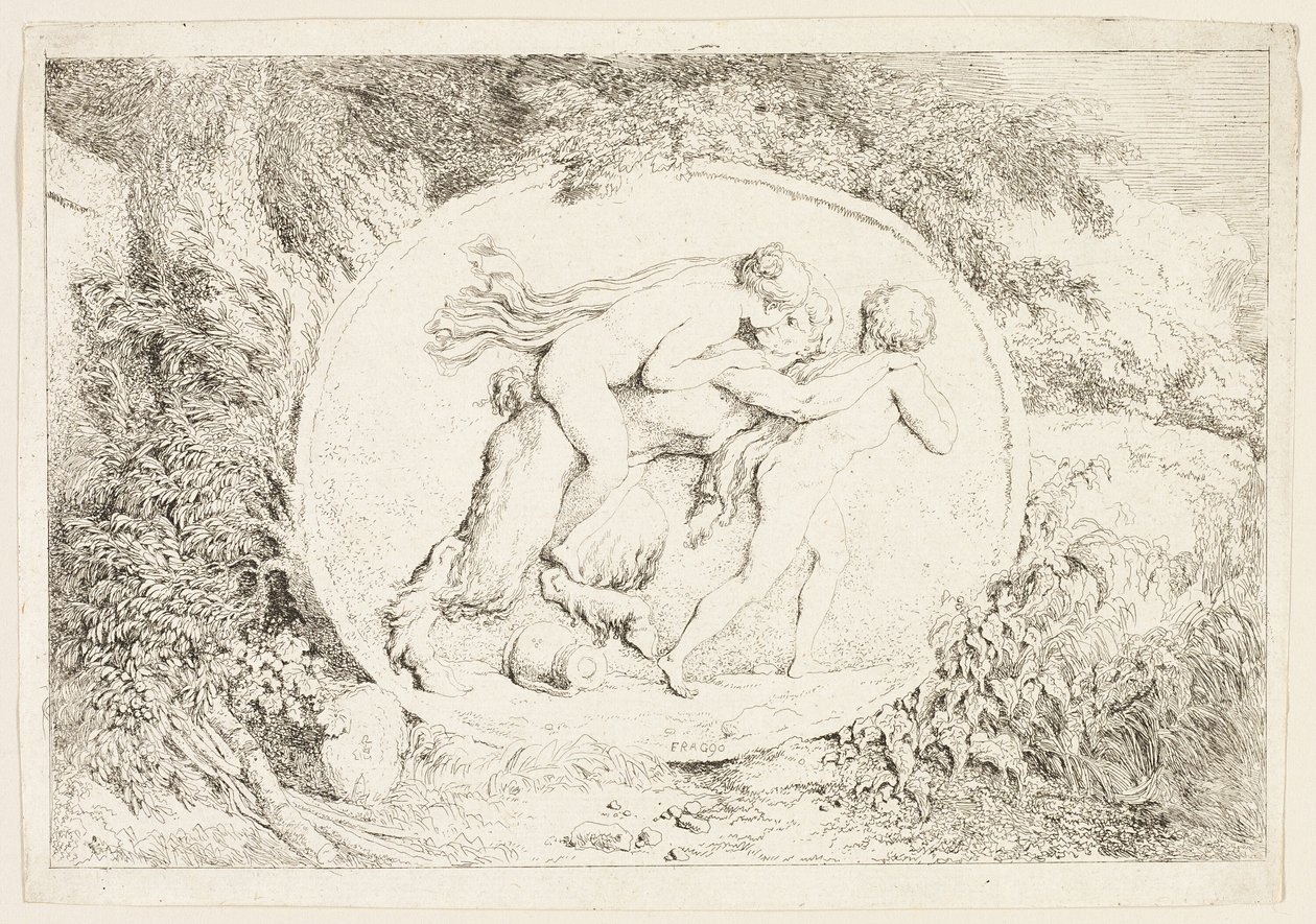 Nymfe ridende på en satyrs ryg, fra Bacchanales, eller Satyrernes lege af Jean Honore Fragonard