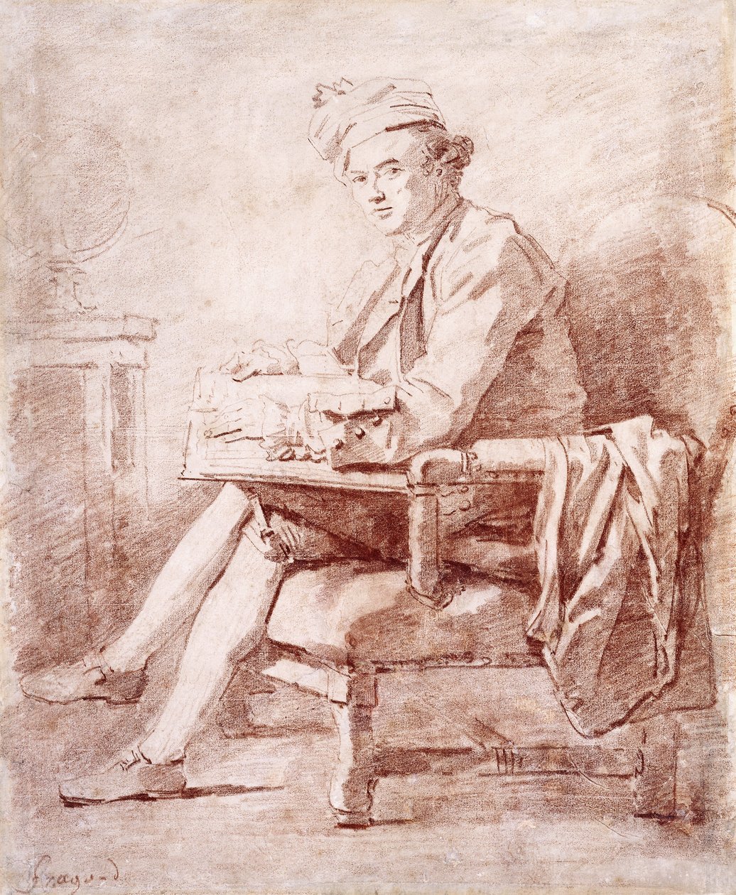 Portræt af Joseph-Jerome Le Francais de Lalande, i fuld længde, siddende, i profil til venstre, med en bog, en globus hvilende på et bord til venstre, af Jean Honore Fragonard