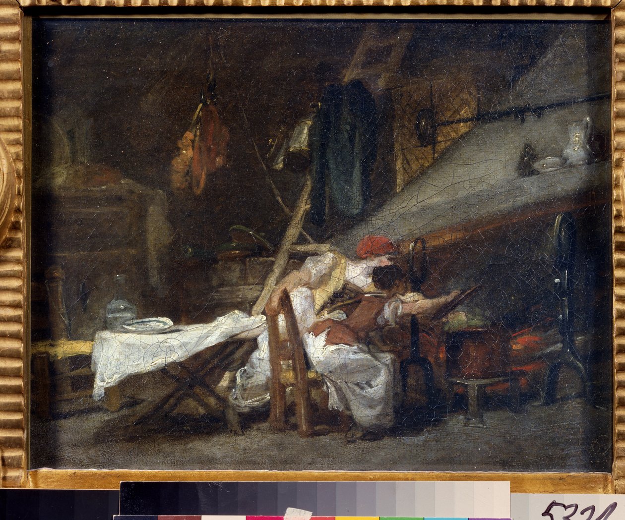 ""Pres du poele"" (Ved komfuret) Scene i et køkken, nær komfuret, ser kokke tilberedningen af ​​en ret i en gryde. Maleri af Jean Honore Fragonard (1732-1806). Olie på lærred. Rokoko. Pushkin Museum, Moskva af Jean Honore Fragonard