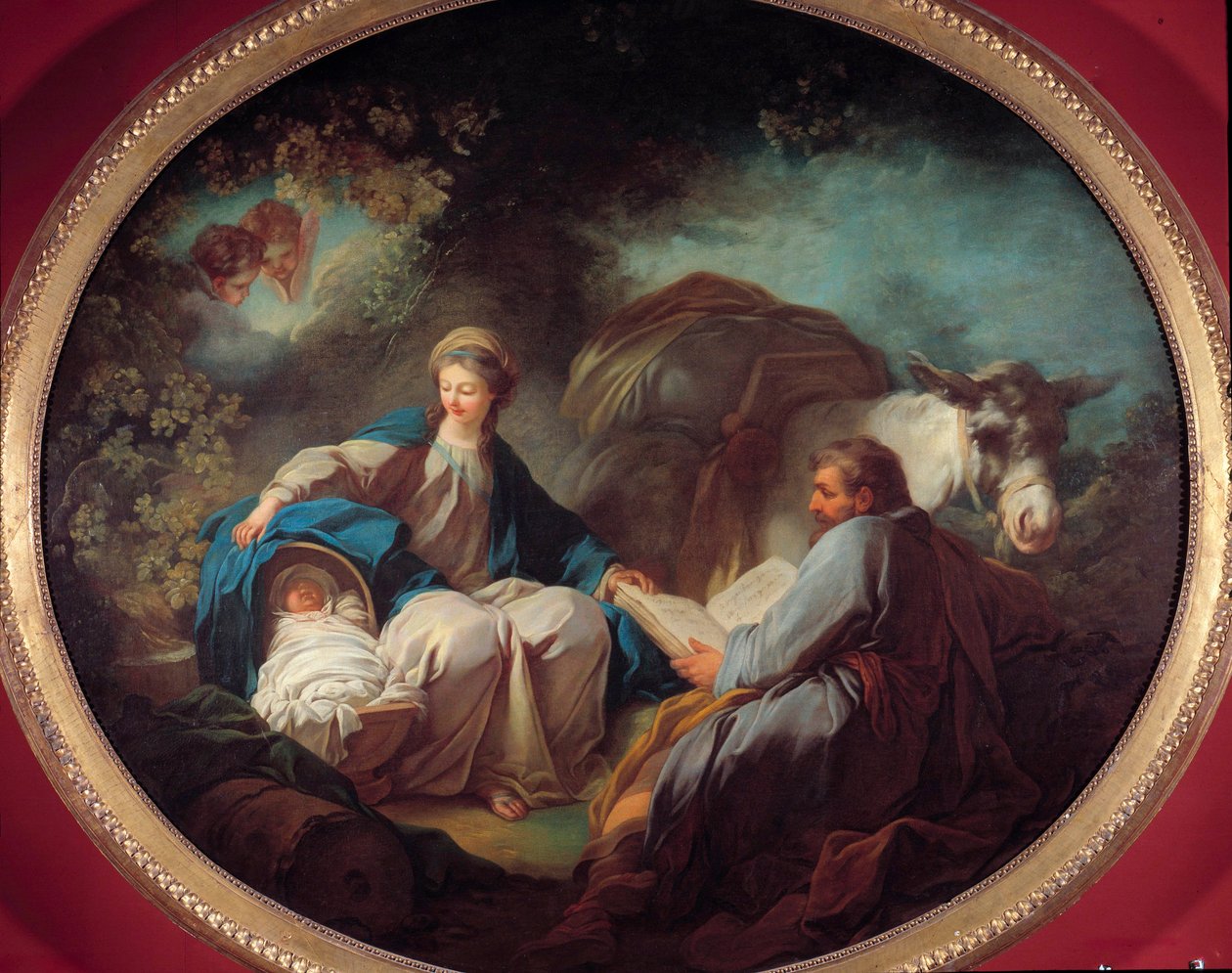 Hvil under flyveturen til Egypten Den hellige familie hviler under rejsen. Maleri af Jean Honore Fragonard (1732-1806) 1700-tallets privatsamling af Jean Honore Fragonard