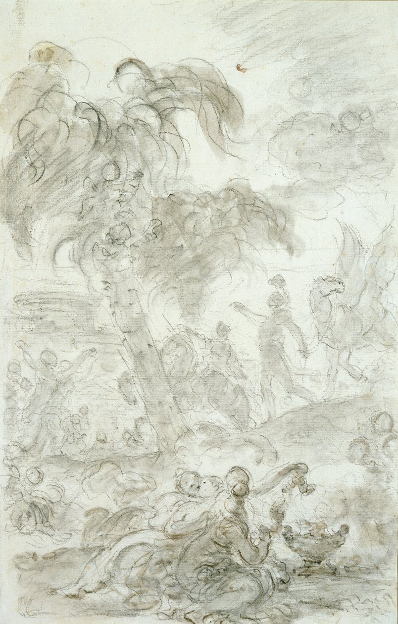 Ruggiero ankommer til tærsklen til Alcinas palads (pen og blæk, kridt og vask på papir) af Jean Honore Fragonard