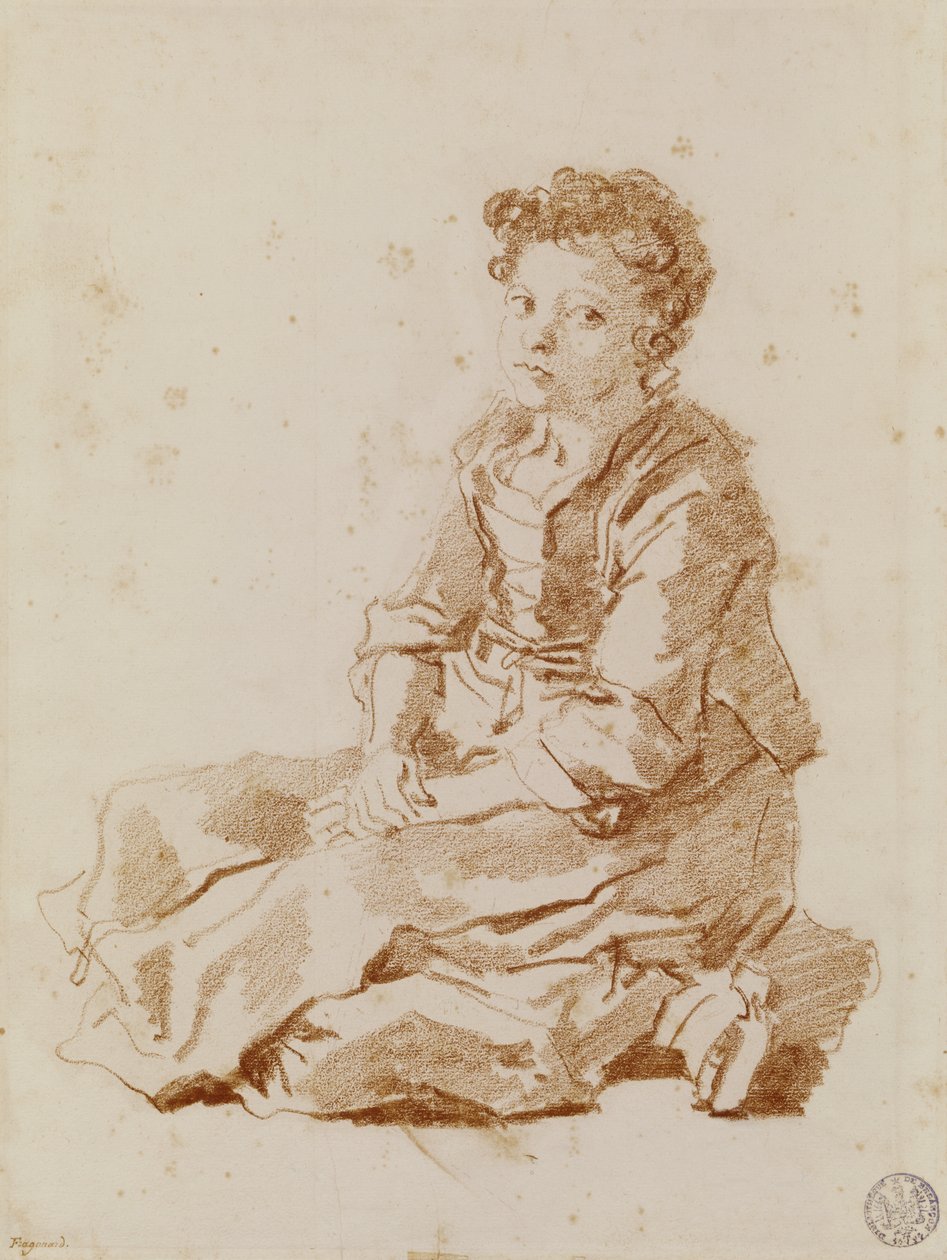 Lille pige sidder på jorden (rødt kridt på papir) af Jean Honore Fragonard