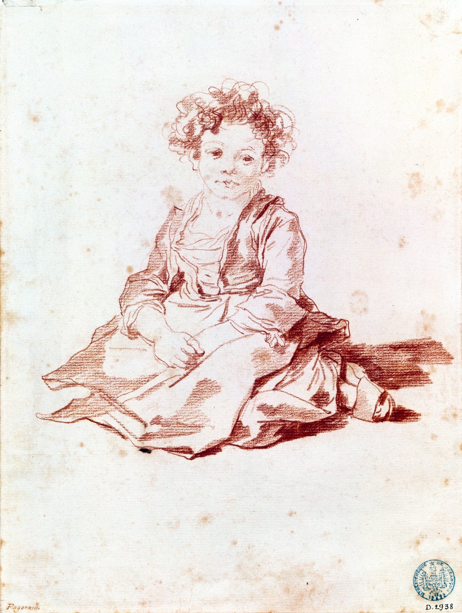 Lille pige sidder på jorden (rødt kridt på papir) af Jean Honore Fragonard