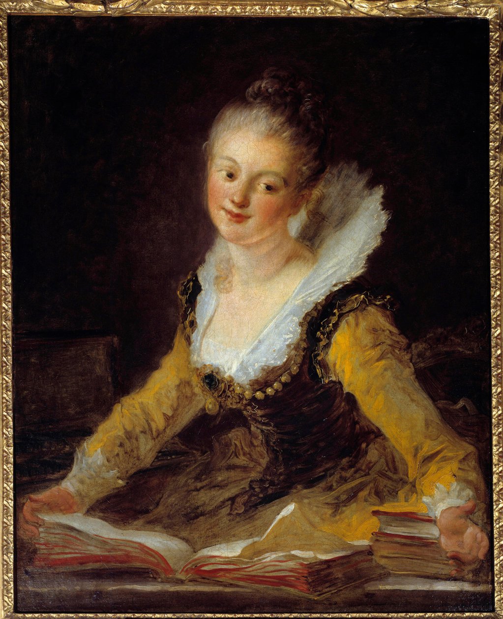 Undersøgelse. En kvinde har sit kontor til at bladre i bøger for at lære. Maleri af Jean Honore Fragonard (1732-1806) af Jean Honore Fragonard