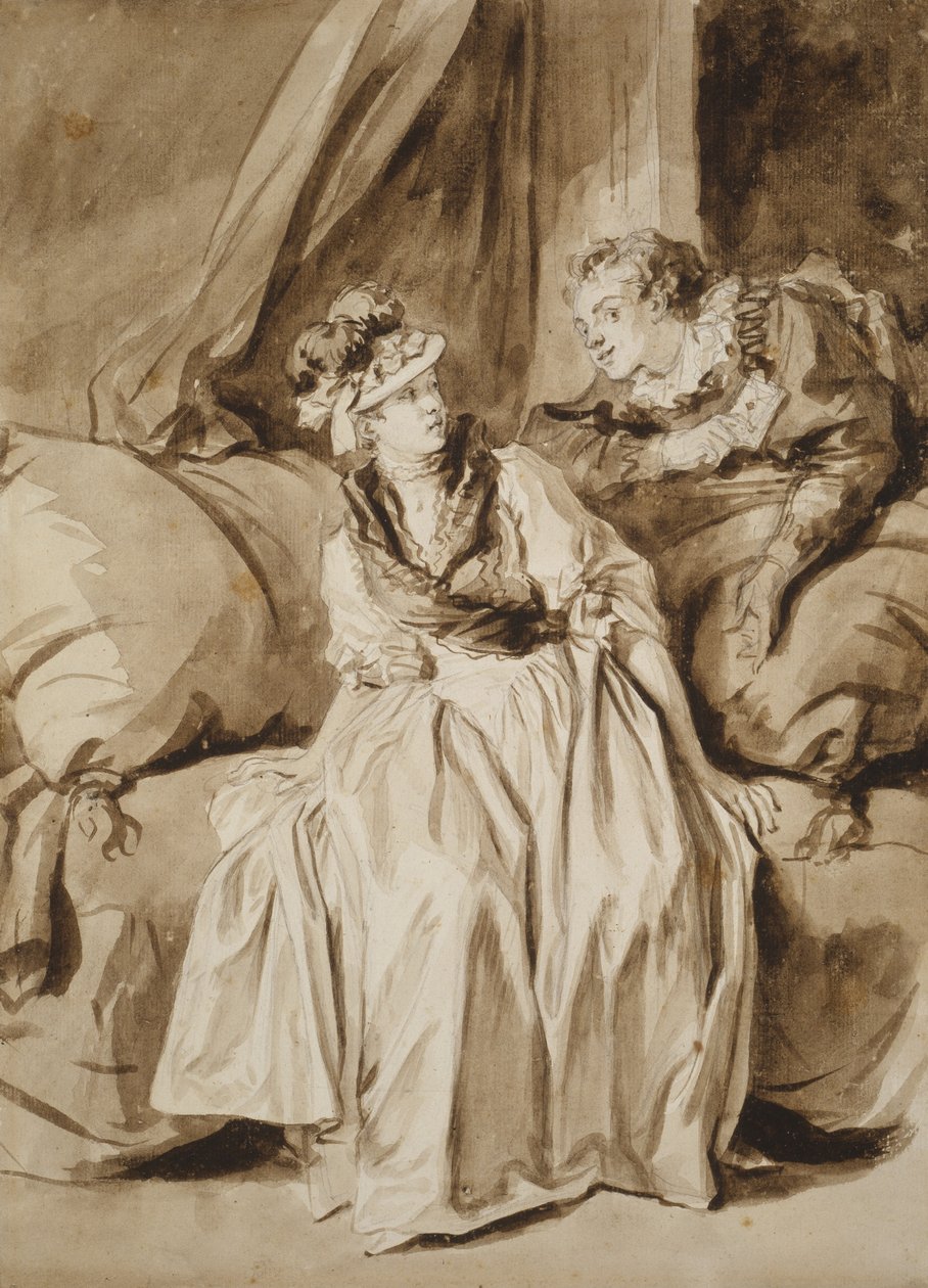 Brevet eller den spanske samtale, ca. 1778 (pensel & brunt blæk med brun vask & grafit på elfenbensfarvet papir) af Jean Honore Fragonard