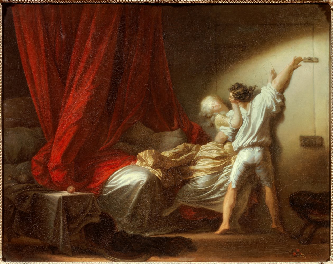 Den romantiske scenelås, der forestiller en ung mand, der forhindrer sin elskerinde i at forlade soveværelset i sengen. Maleri af Jean-Honore Fragonard (1732-1806) 1700-tallet. Svag. 0,73x0,93 m. af Jean Honore Fragonard