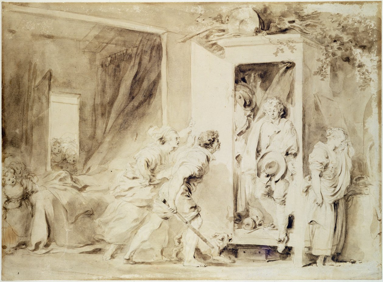 The Surprised Lover, 1755 (foreløbig tegning med brun blyant over kridt) af Jean Honore Fragonard