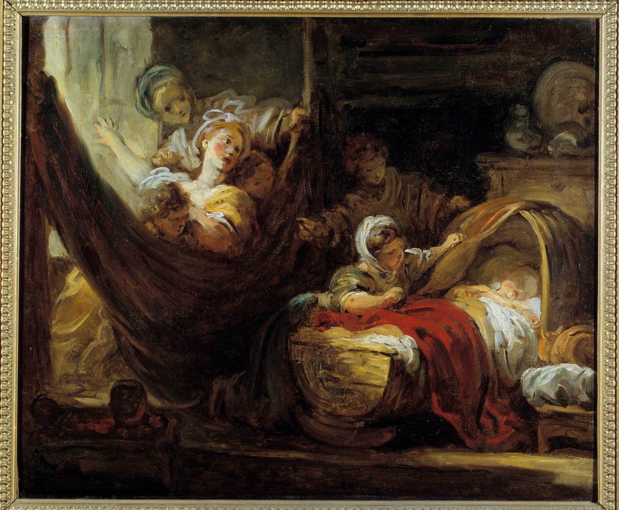 Vuggen En mor på en hængekøje omgivet af sine døtre og et spædbarn i en kurv. Maleri af Jean Honore Fragonard (1732-1806) Amiens fra det 18. århundrede, Musee de Picardie af Jean Honore Fragonard