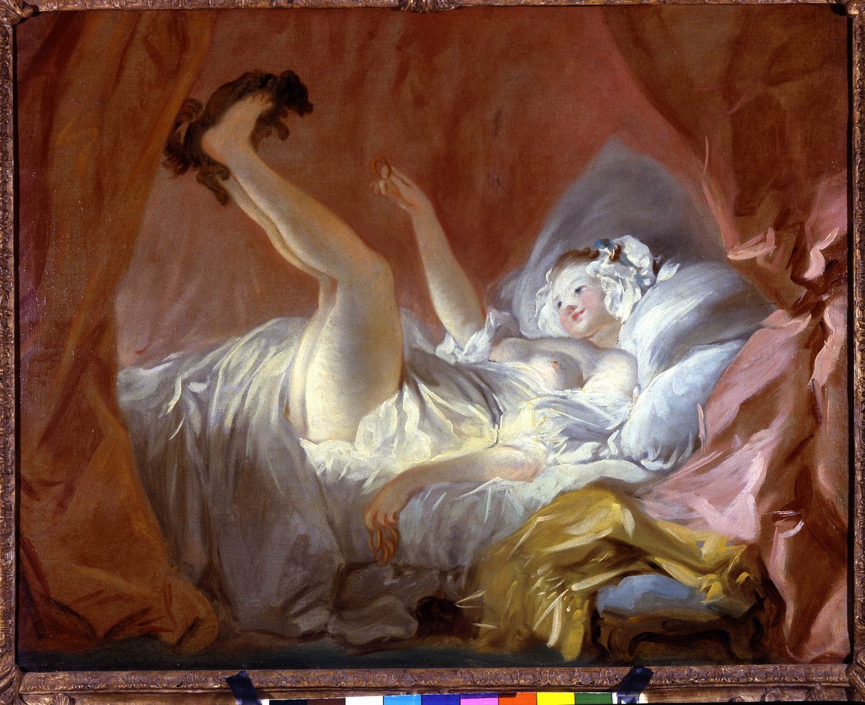 Gimbletten. Gimbletten er et wienerbrød i form af ringe. Pigen leger liggende på sin seng med en hund ved at give hende denne småkage. Maleri af Jean Honore Fragonard (1732-1806), Paris Fond Cailleux af Jean Honore Fragonard