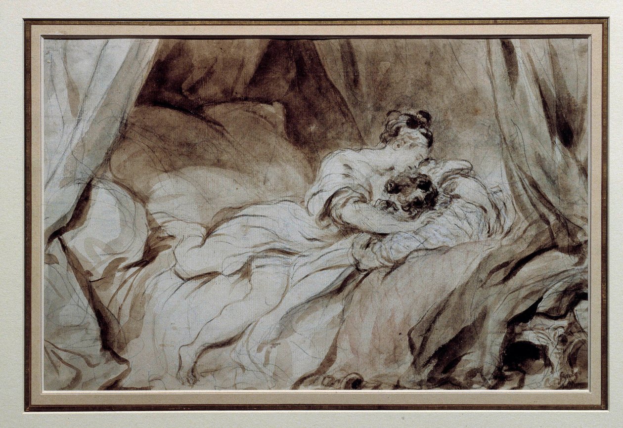Det lykkelige øjeblik Et par, der strøg hinanden i en seng. Tegning i Bistre Wash af Jean Honore Fragonard (1732-1806) 1700-tallets privatsamling af Jean Honore Fragonard