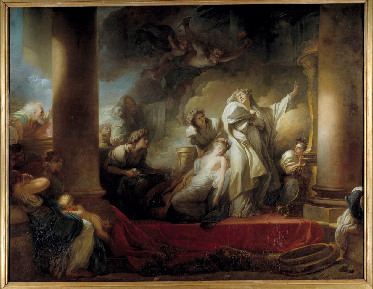 Ypperstepræsten Coresus ofrede sig selv for at redde Callirhoe Coresus, ypperstepræsten for guden Bacchus a Calydon, forelsket i den unge Callirhoe, blev omvendt af hende og bad om hævn fra guden Bacchus. Han fortryllede byen, som kun kan af Jean Honore Fragonard