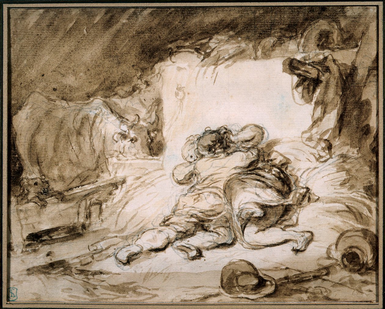 Stalden Et par omfavner på en høstak. Tegning i vask af Jean Honore Fragonard (1732-1806) Paris. Musee Cognacq Jay af Jean Honore Fragonard
