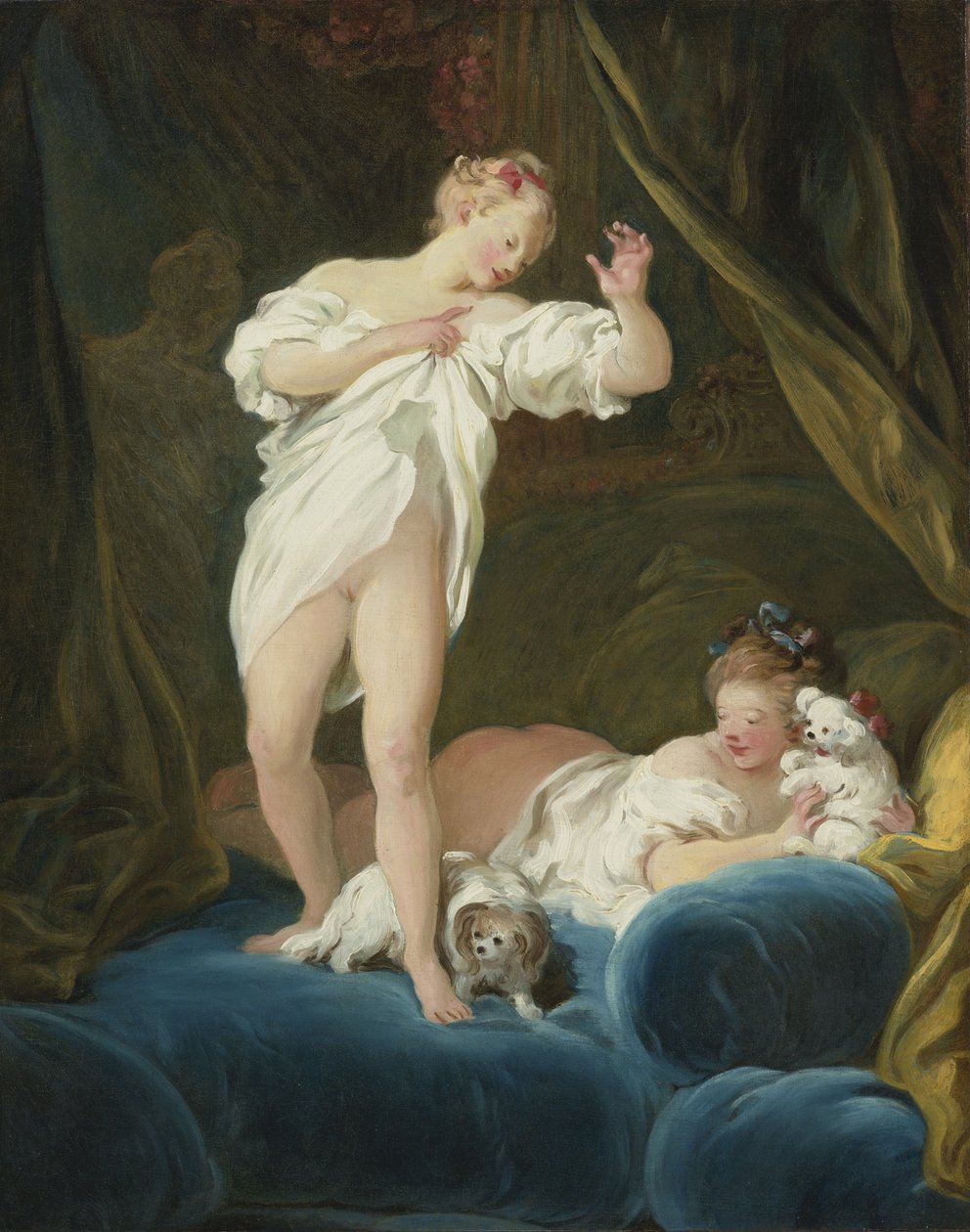 To piger på en seng leger med deres hunde af Jean Honore Fragonard