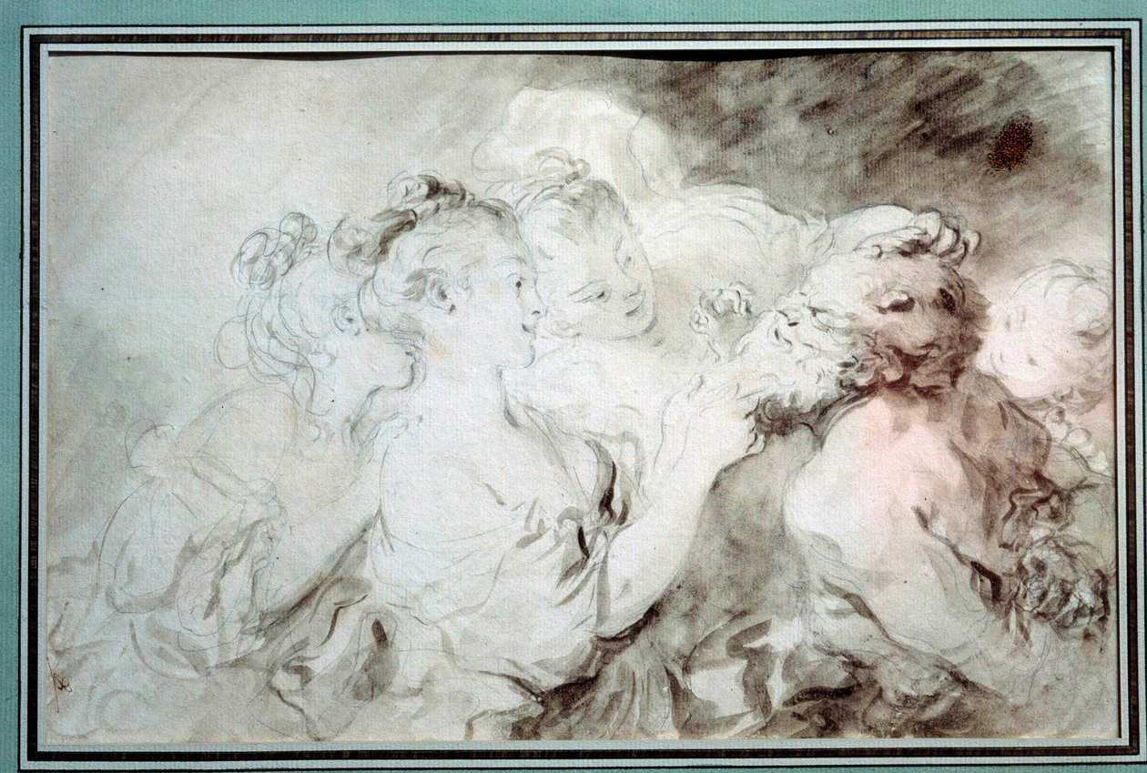 Unge piger, der kæmper med en satyr Unge kvinder, der hygger sig med et satyrskæg. Tegning i Bistre Wash af Jean Honore Fragonard (1732-1806) 1700-tallets privatsamling af Jean Honore Fragonard