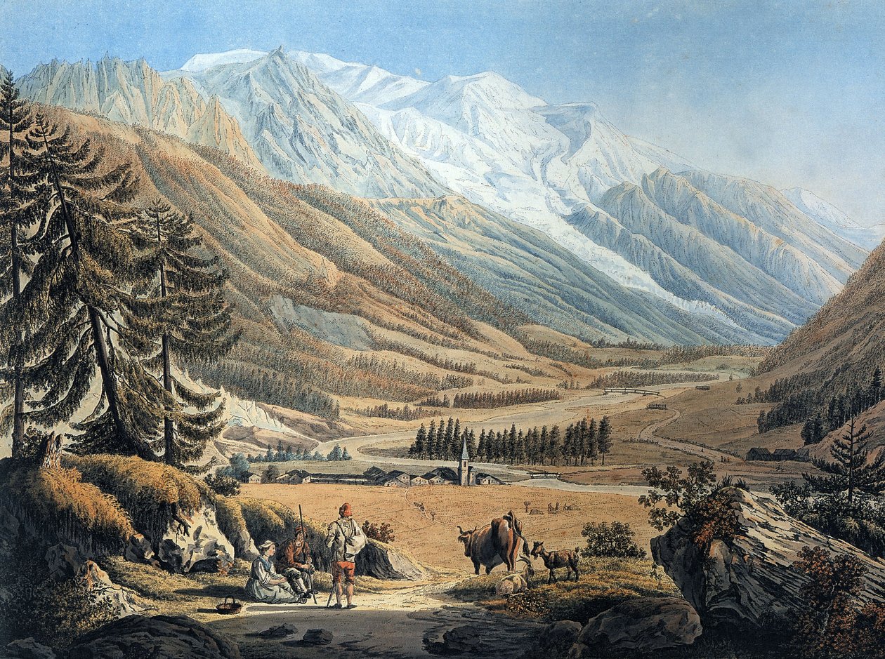 Udsigt over Chamonix-dalen fra landsbyen Argentiere af Jean Daniel Huber under en rejse ca. 1785 (kobberstik) af Jean Huber