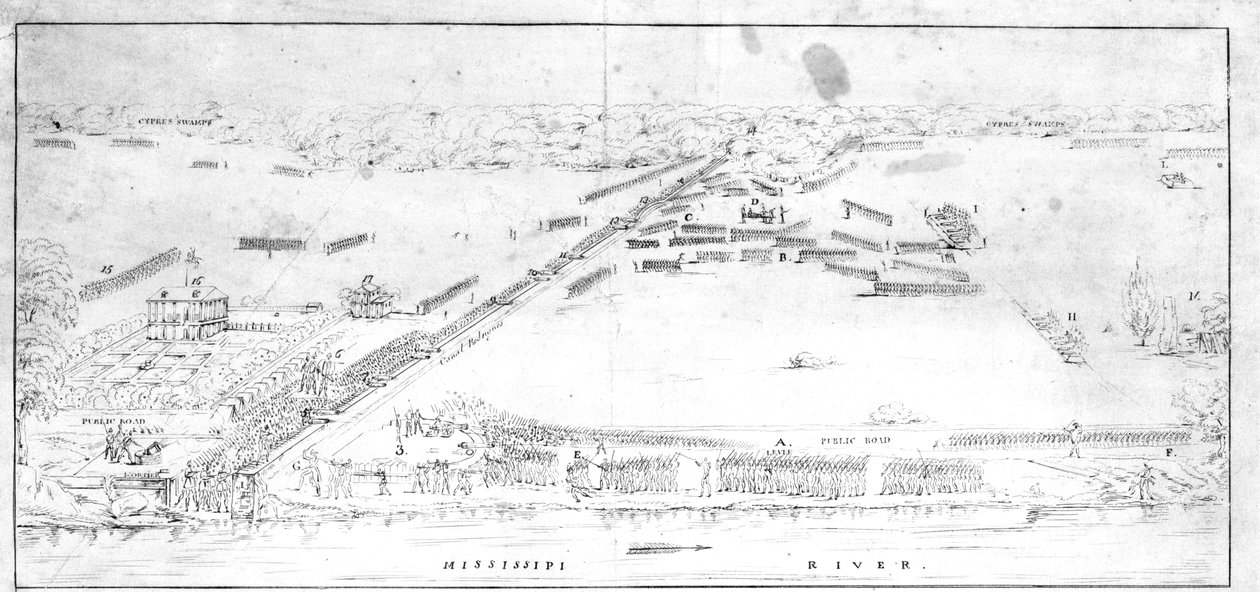 Visning af slaget nær Chalmettes plantage, 8. januar 1815. af Jean Hyacinthe Laclotte