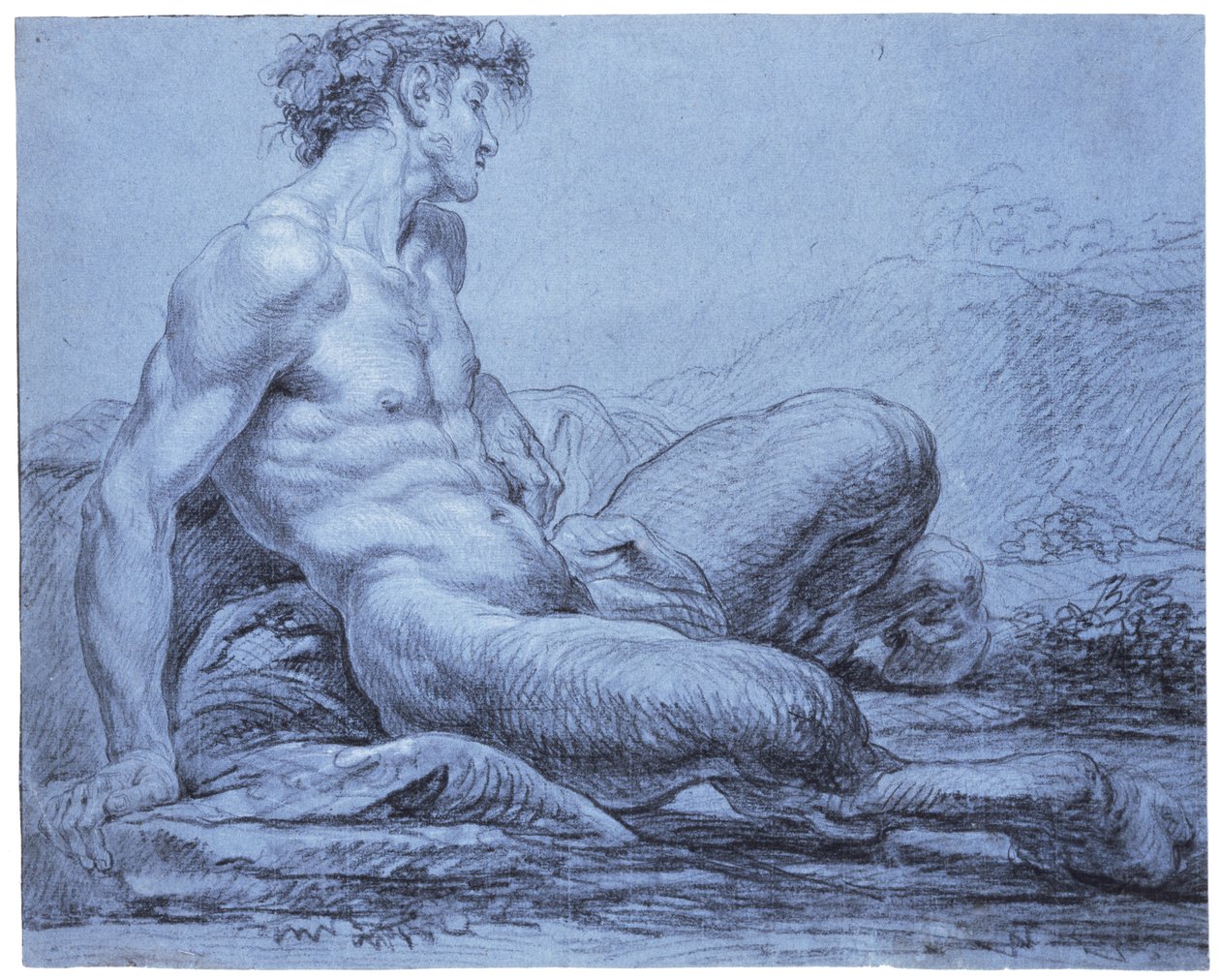 En siddende faun, ca. 1755-57 (sort-hvidt kridt på blåt lagt papir) af Jean II Restout