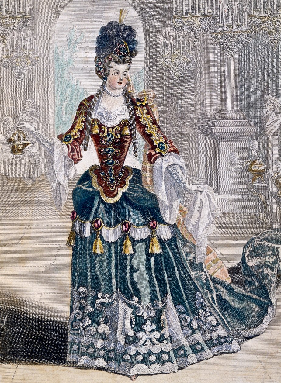 Portræt af Mademoiselle Desmatins (1682-1708), musiker ved Operaen, gravering af Jean Berain af Jean I  Berain