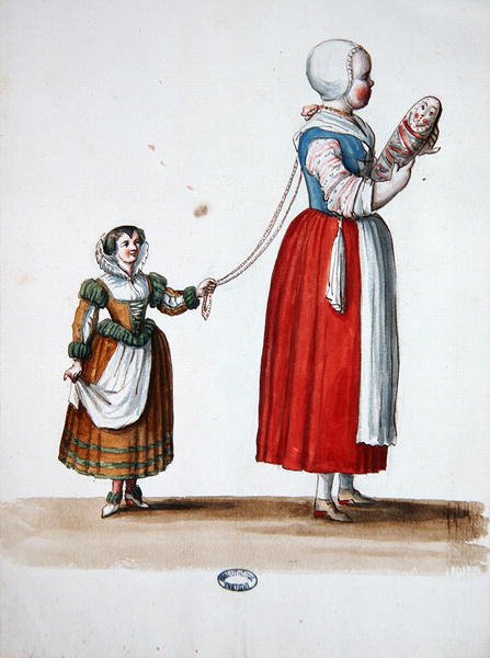 To unge piger, teatralsk kostumedesign til festlighederne og festerne af Ludvig XIV (akvarel på papir) af Jean I  Berain