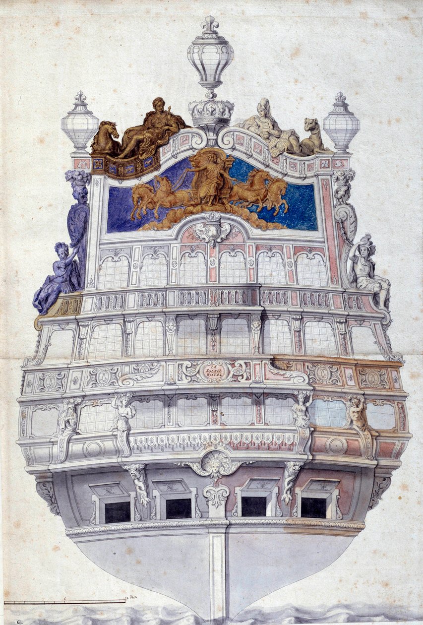Dekoration af skibets agterstavn Le Soleil Royal”” Akvarel af Jean I Berain (1640-1711) Søn. 0,6x0,4 m Paris, Musée du Louvre af Jean I  Berain
