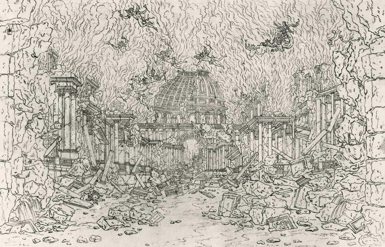 Ødelæggelse af bygningen, skitse af Jean Berain (1640-1711), for Armide, af Jean-Baptiste Lully (1632-1687), Frankrig af Jean I  Berain