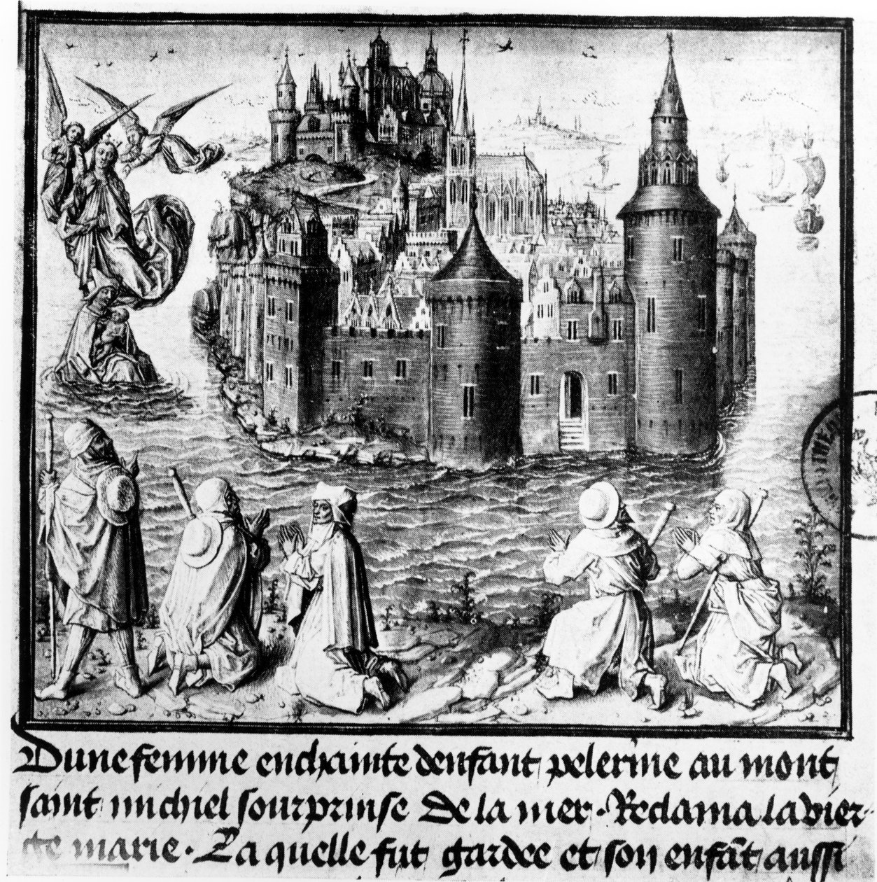 Gravid kvinde på pilgrimsrejse til Mont Saint-Michel bliver fanget af tidevandet, men reddes mirakuløst gennem Jomfru Marias indgriben af Jean I Le Tavernier