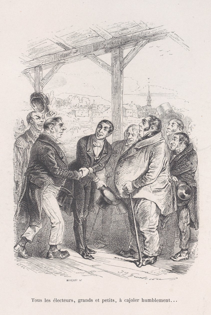 Alle vælgere, store som små, samles for ydmygt at lokke hinanden... fra den lille elendighed af..., 1843. af Jean Ignace Isidore Gérard