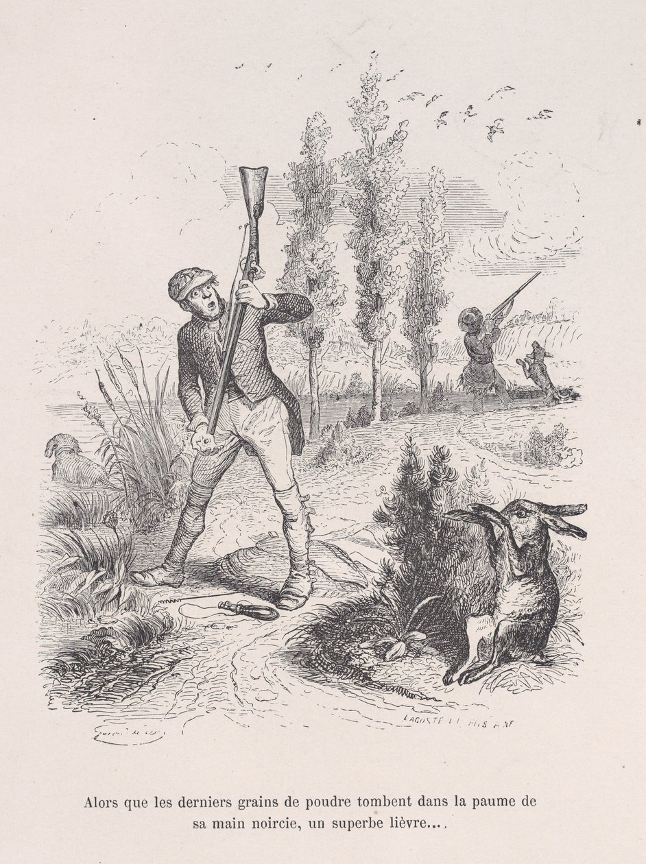 Da de sidste pulverkorn falder i håndfladen på hans sorte hånd, en fantastisk hare... fr..., 1843. af Jean Ignace Isidore Gérard