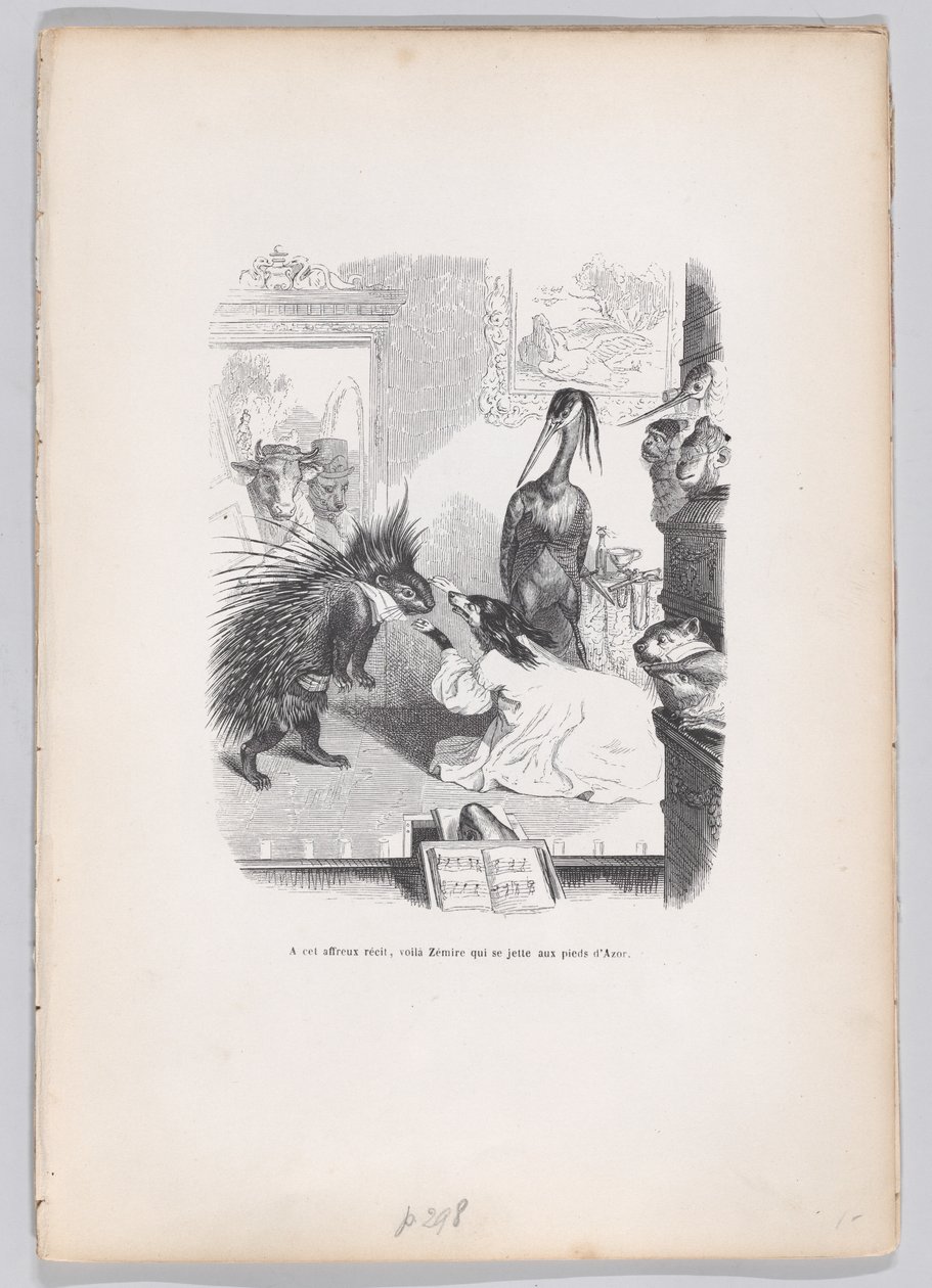 Ved denne frygtelige historie kaster Zemire sig for Azors fødder fra Scener fra ..., ca. 1837-47. af Jean Ignace Isidore Gérard