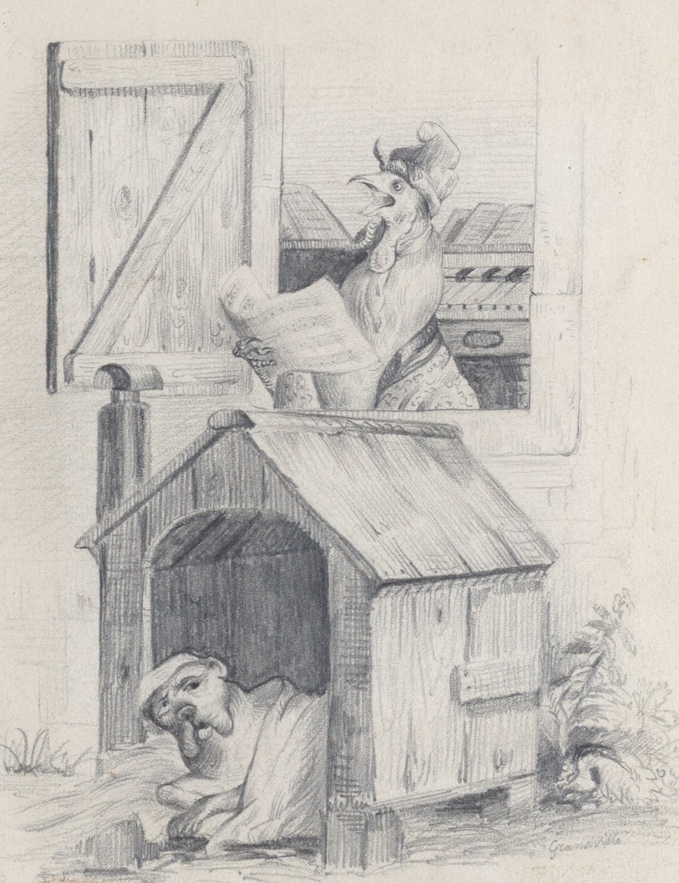 Hund i hundehus, hanen synger ved vinduet, ca. 1842. af Jean Ignace Isidore Gérard