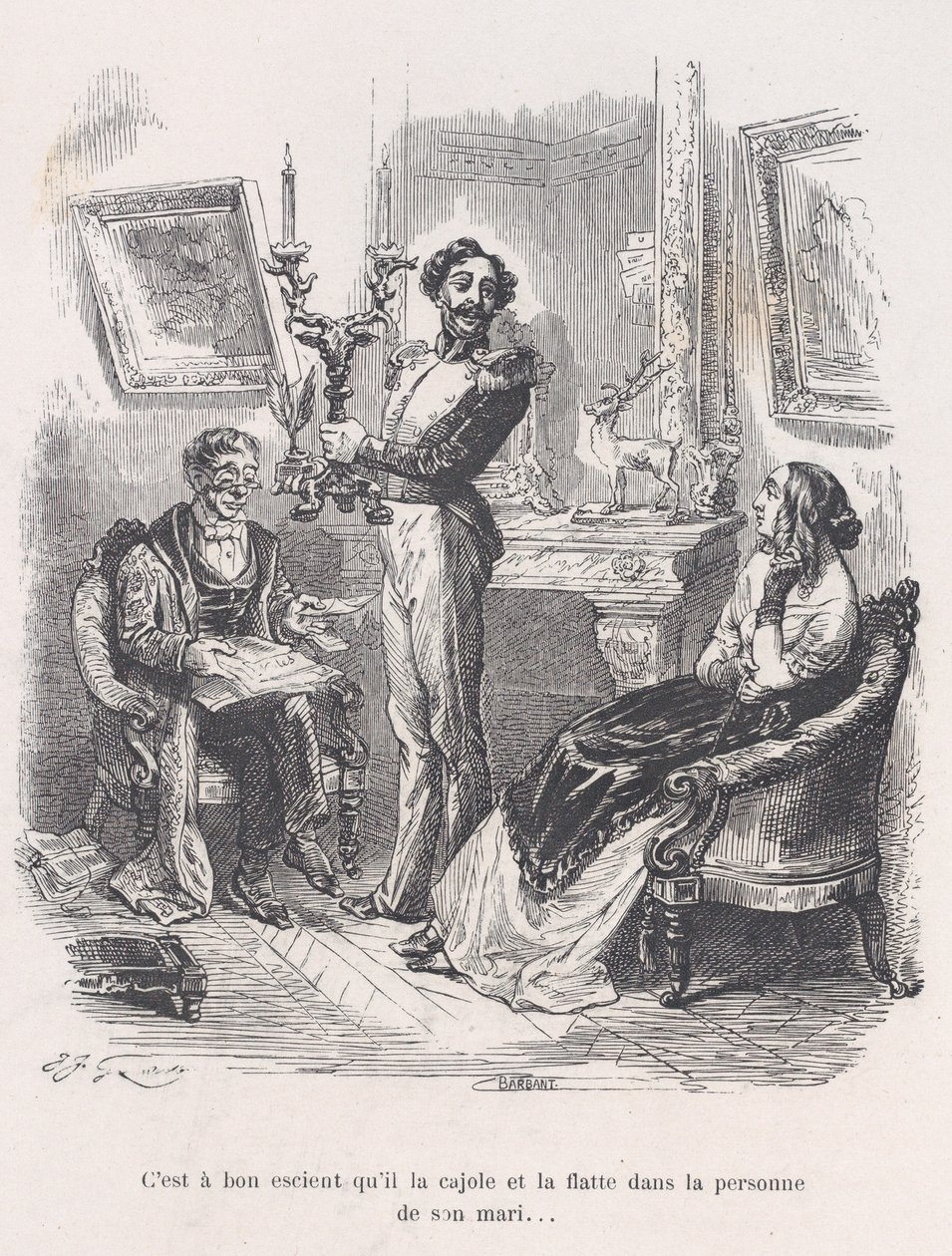 Det er godt, at han lokker og smigrer hende foran hendes mand. fra den lille miseri..., 1843. af Jean Ignace Isidore Gérard