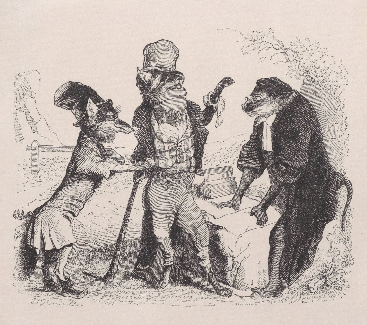 Ulven bønfalder mod Ræven foran Aben, ca. 1838. af Jean Ignace Isidore Gérard
