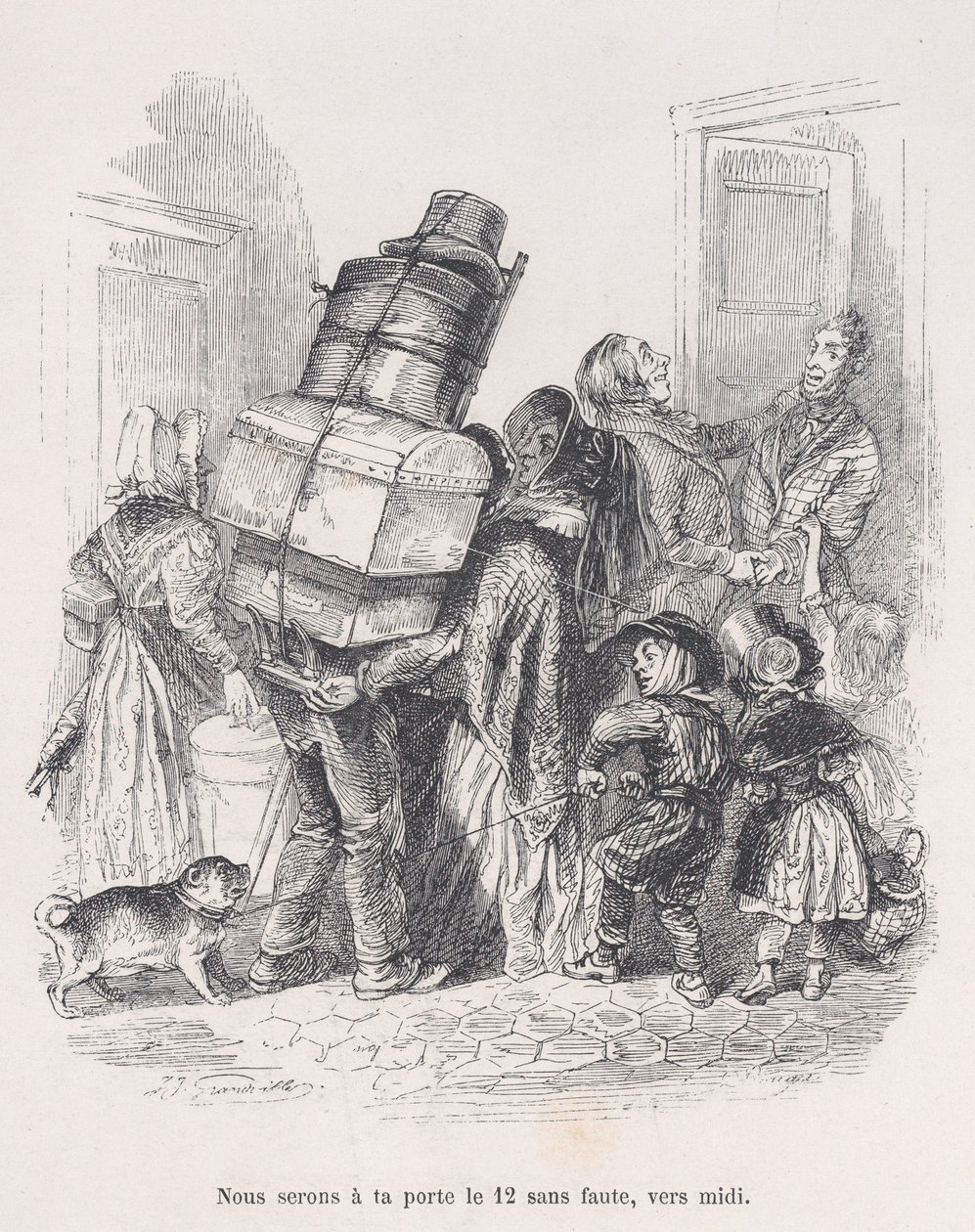 Vi står uden fejl ved din dør ved middagstid. fra Menneskelivets små elendighed, 1843. af Jean Ignace Isidore Gérard