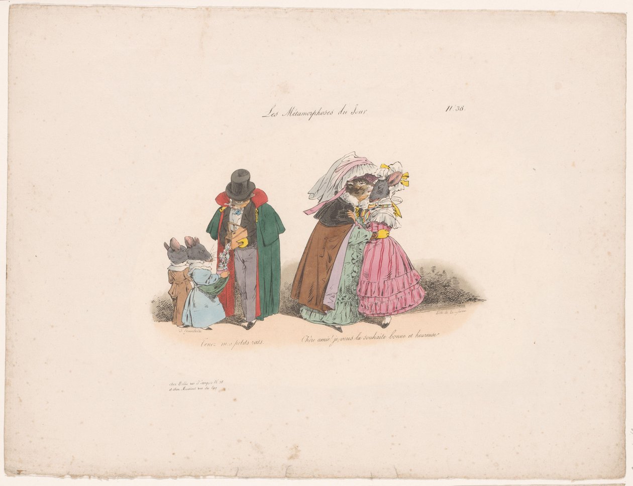 Katte er venlige over for mus Tenez mes petits rats (...) (titel på objekt) Nutidige metamorfoser (serietitel) Les Metamorphoses du Jour (serietitel om objekt) af Jean Ignace Isidore Gérard Grandville