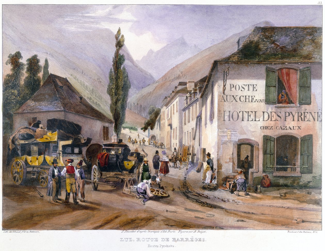 Ankomst og reparation af en diligence i Luz på vejen til Barreges, ca. 1840 af Jean Jacottet