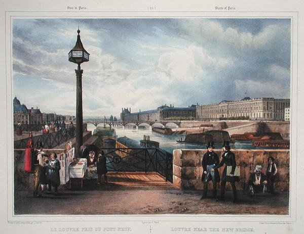 Louvre nær den nye bro, fra "Promenades dans Paris et ses Environs", ca. 1840 (farvestik) af Jean Jacottet