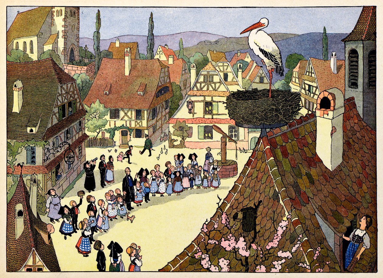 Min landsby, dem, der ikke glemmer: Storkens ankomst; af Jean Jacques (1873 1951) Waltz