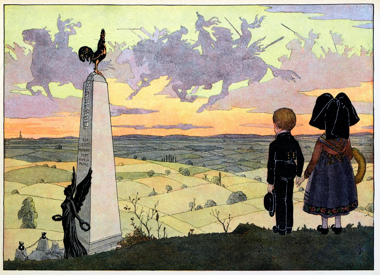 Min landsby, dem der ikke glemmer: slagmarken (Geisberg-monumentet med de to spinnerbørn, der poserer for Hansi); af Jean Jacques (1873 1951) Waltz