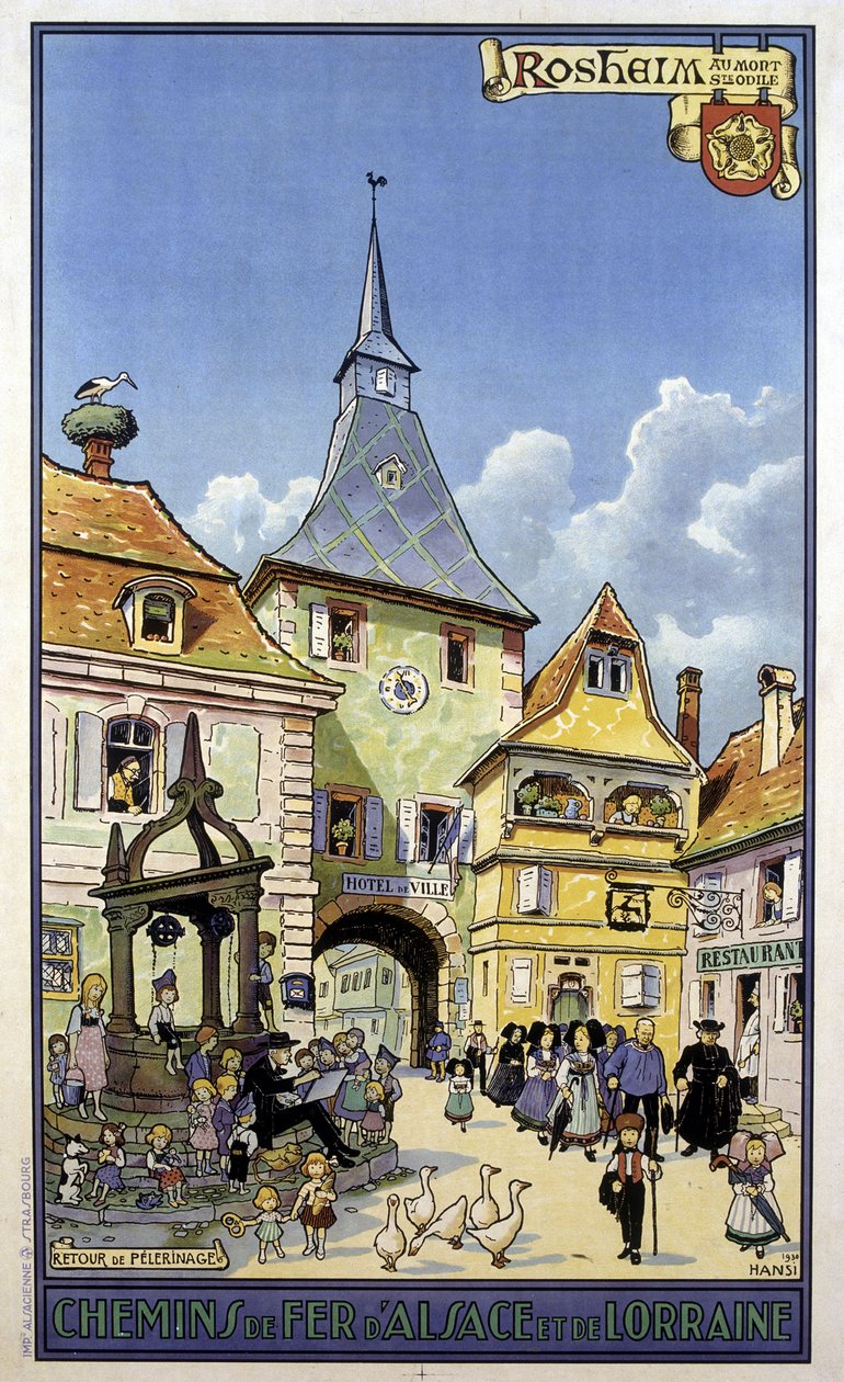 Pilgrimsrejsen tilbage fra Mont Sainte Odile til Rosheim - Plakat af jernbanerne i Alsace og Lorraine, af Hansi af Jean Jacques (1873 1951) Waltz